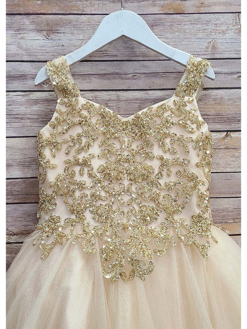 Petite Adele Little Girls Gold Embroidered Bodice Glitter Tulle Gown 2-6 - SophiasStyle.com